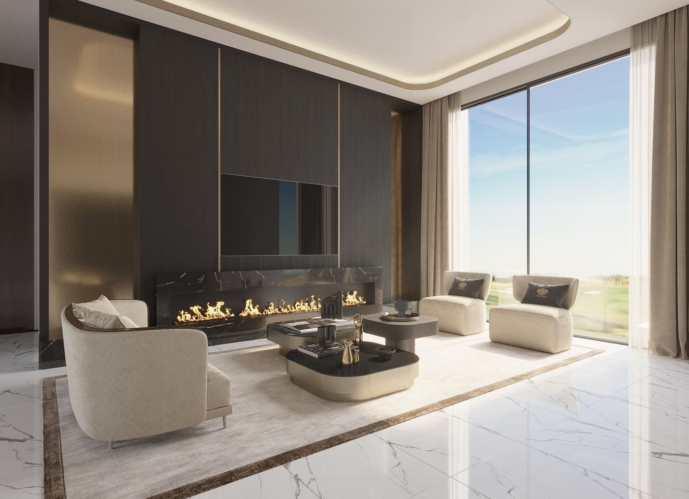 Family room of a Trump villa with a fireplace and floor-to-ceiling windows